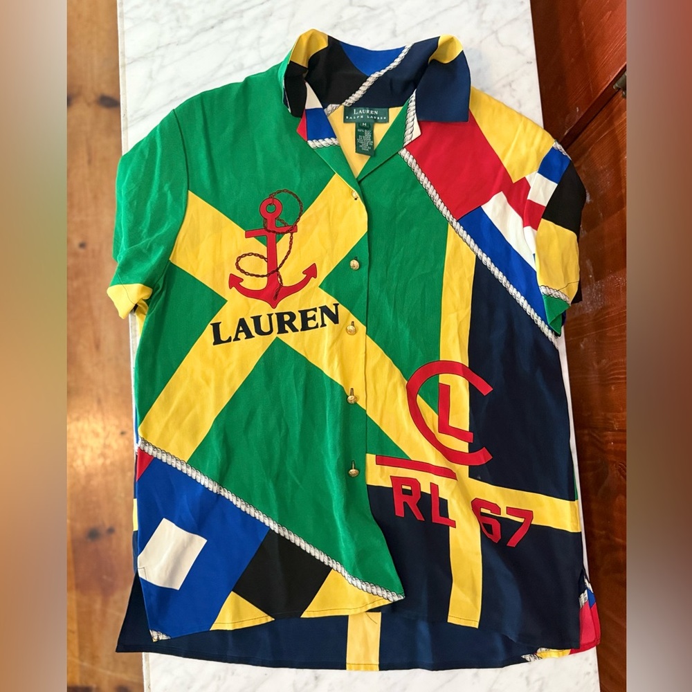Vintage Ralph Lauren RL67 Color Block Silk Button Down Nautical Blouse